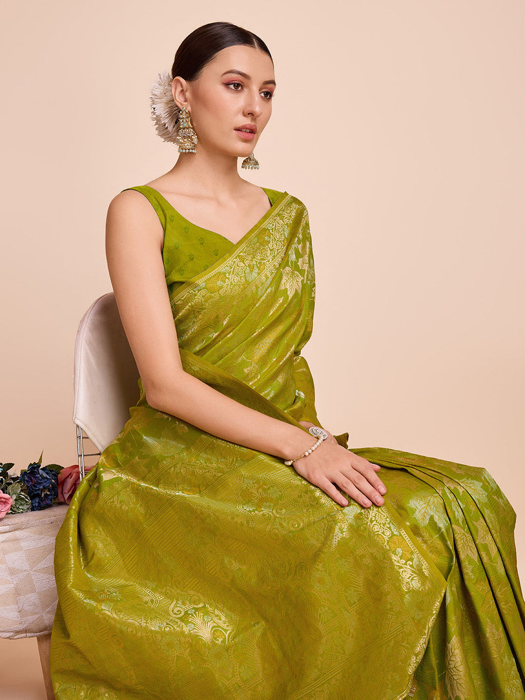 Vedant Vastram Soft Litchi Silk Banarasi Silk Saree - Olive