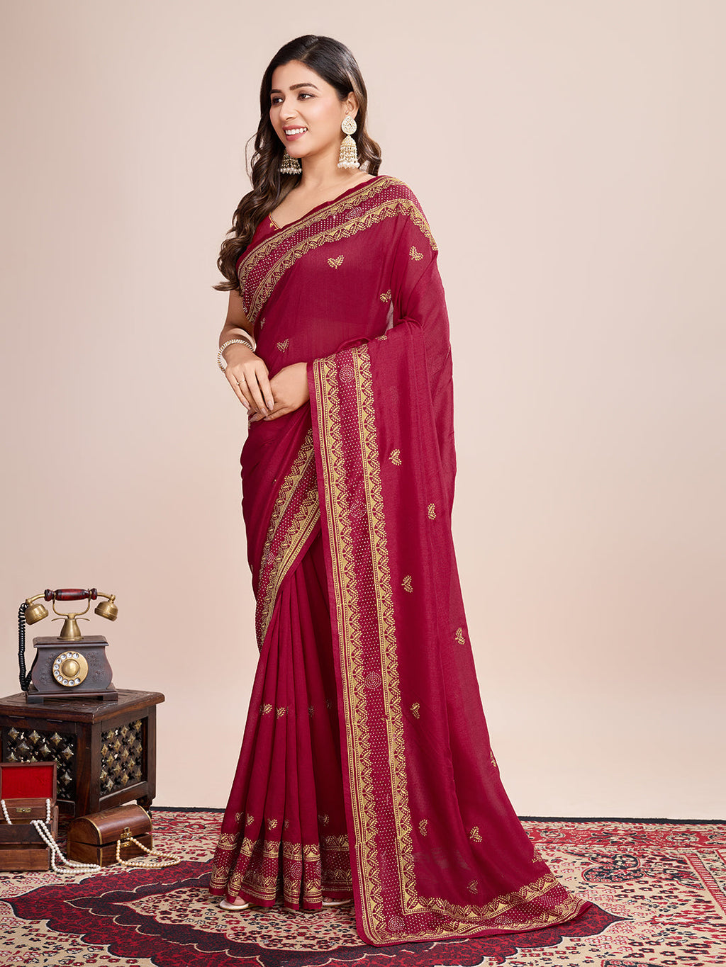 Vedant Vastram Vichitra Silk Embroidered Work Saree - Maroon