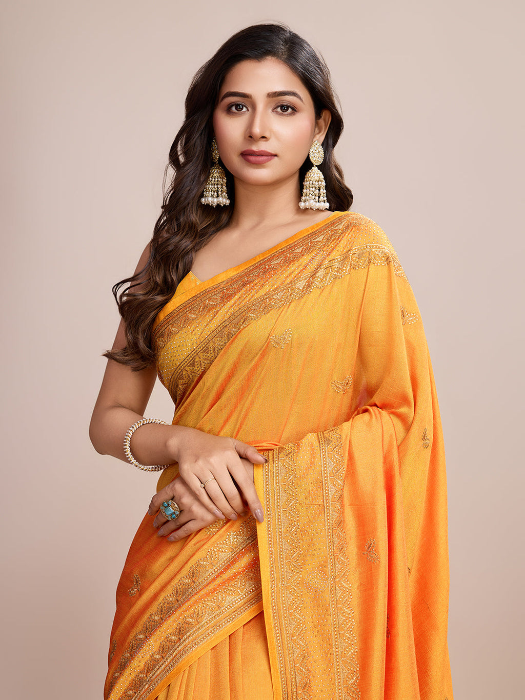 Vedant Vastram Vichitra Silk Embroidered Work Saree - Mustard