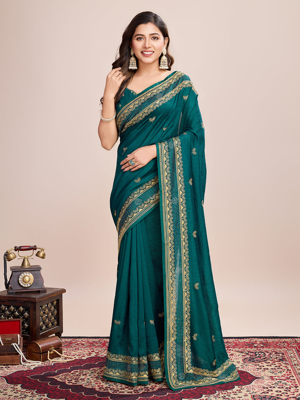 Vedant Vastram Vichitra Silk Embroidered Work Saree - Seegreen