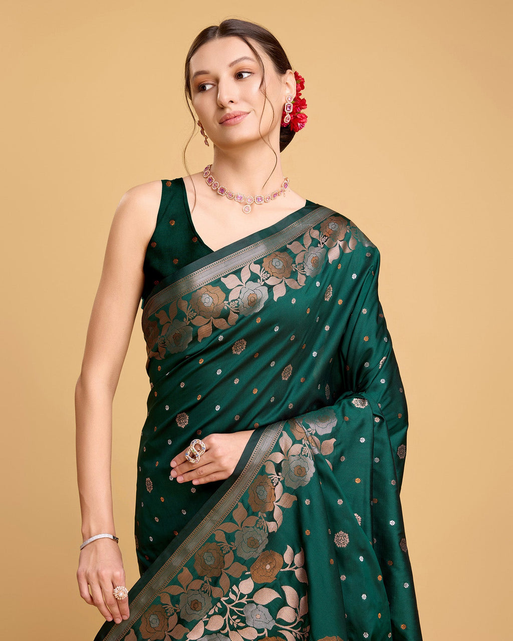 Vedant Vastram Soft Litchi Silk Banarasi Silk Saree - Green