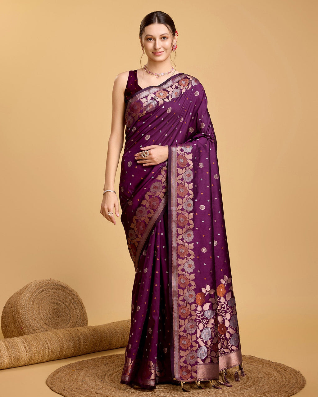 Vedant Vastram Soft Litchi Silk Banarasi Silk Saree - Wine