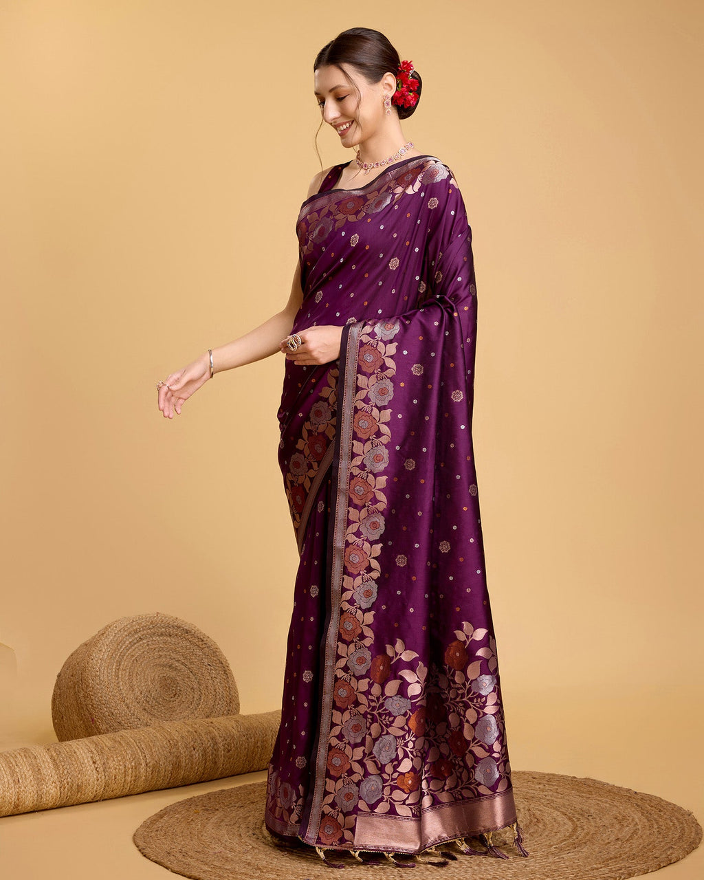 Vedant Vastram Soft Litchi Silk Banarasi Silk Saree - Wine