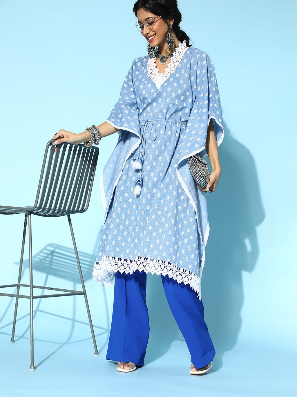 Yufta Stunning Blue Printed Kaftan Kurta