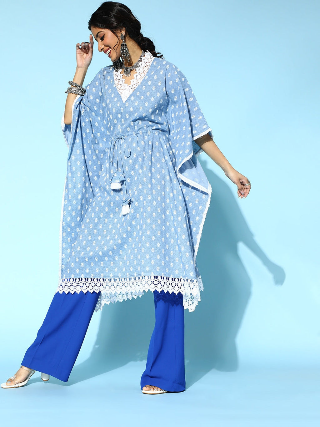 Yufta Stunning Blue Printed Kaftan Kurta