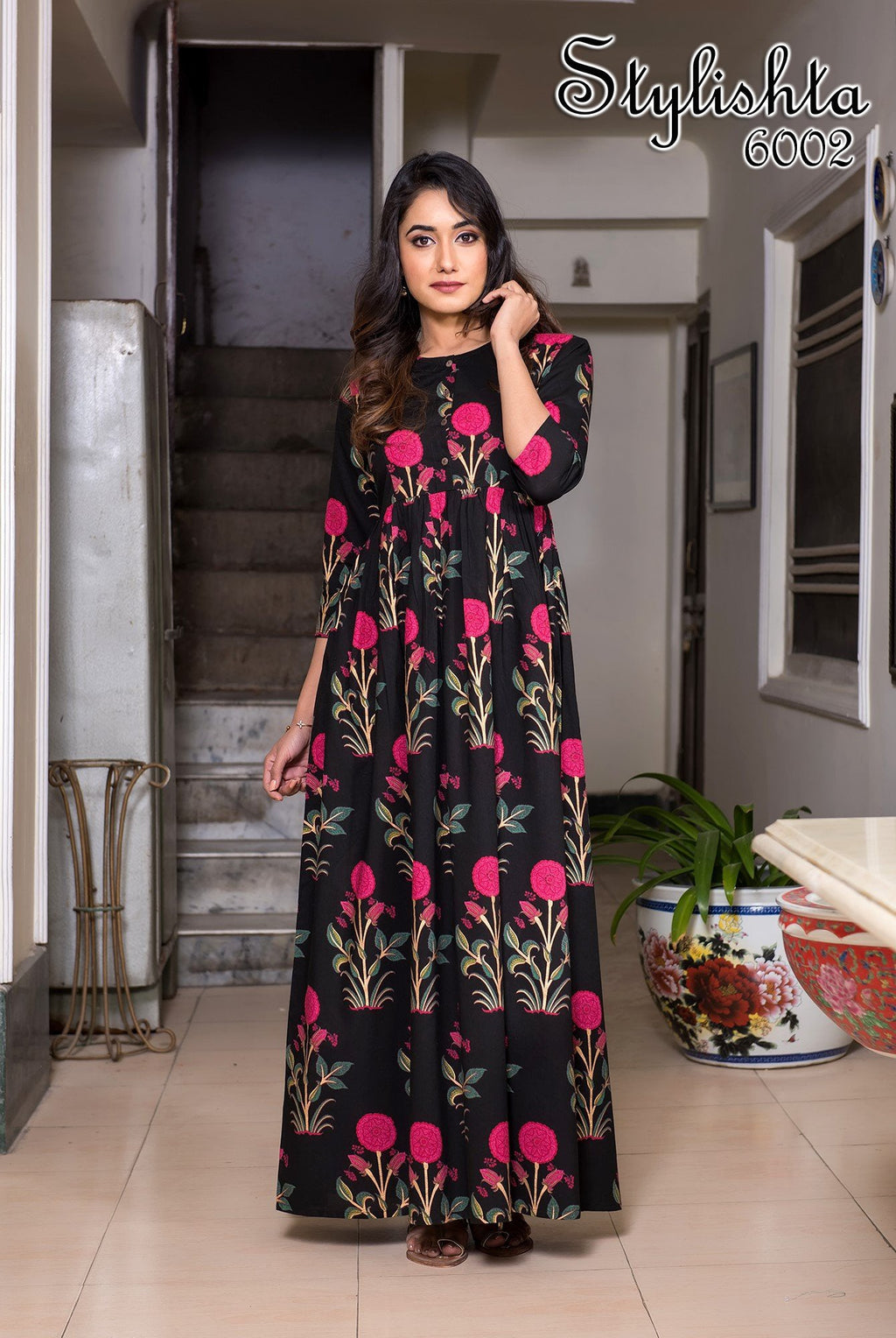 Designer Partywear Printed Black Pure Maslin Gown - Anbazaar