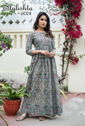 Designer Partywear Printed Light Cyan Pure Maslin Gown - Anbazaar