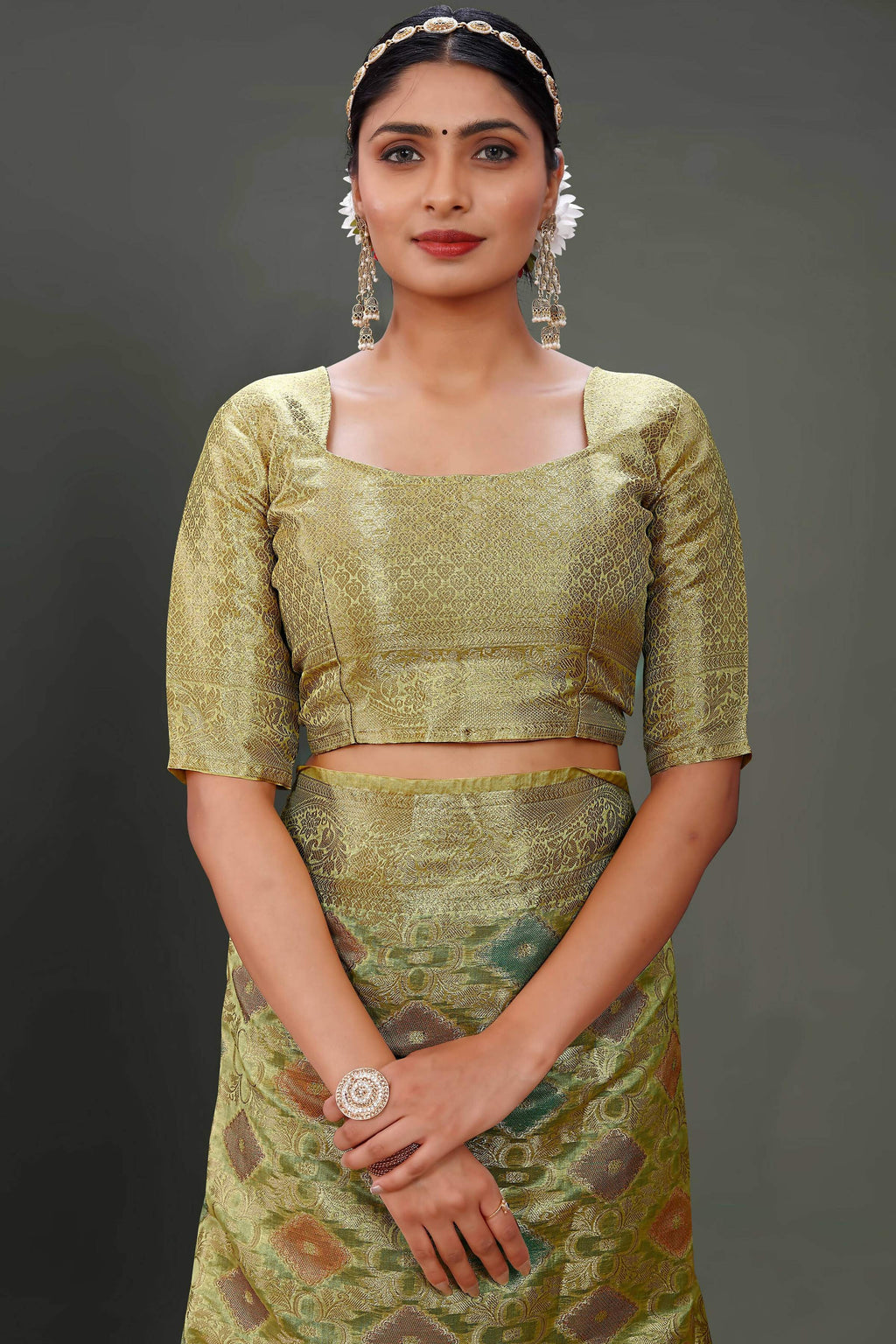 Olive Soft Organza Woven Design Saree With Unstitched Blouse Piece - Zaara