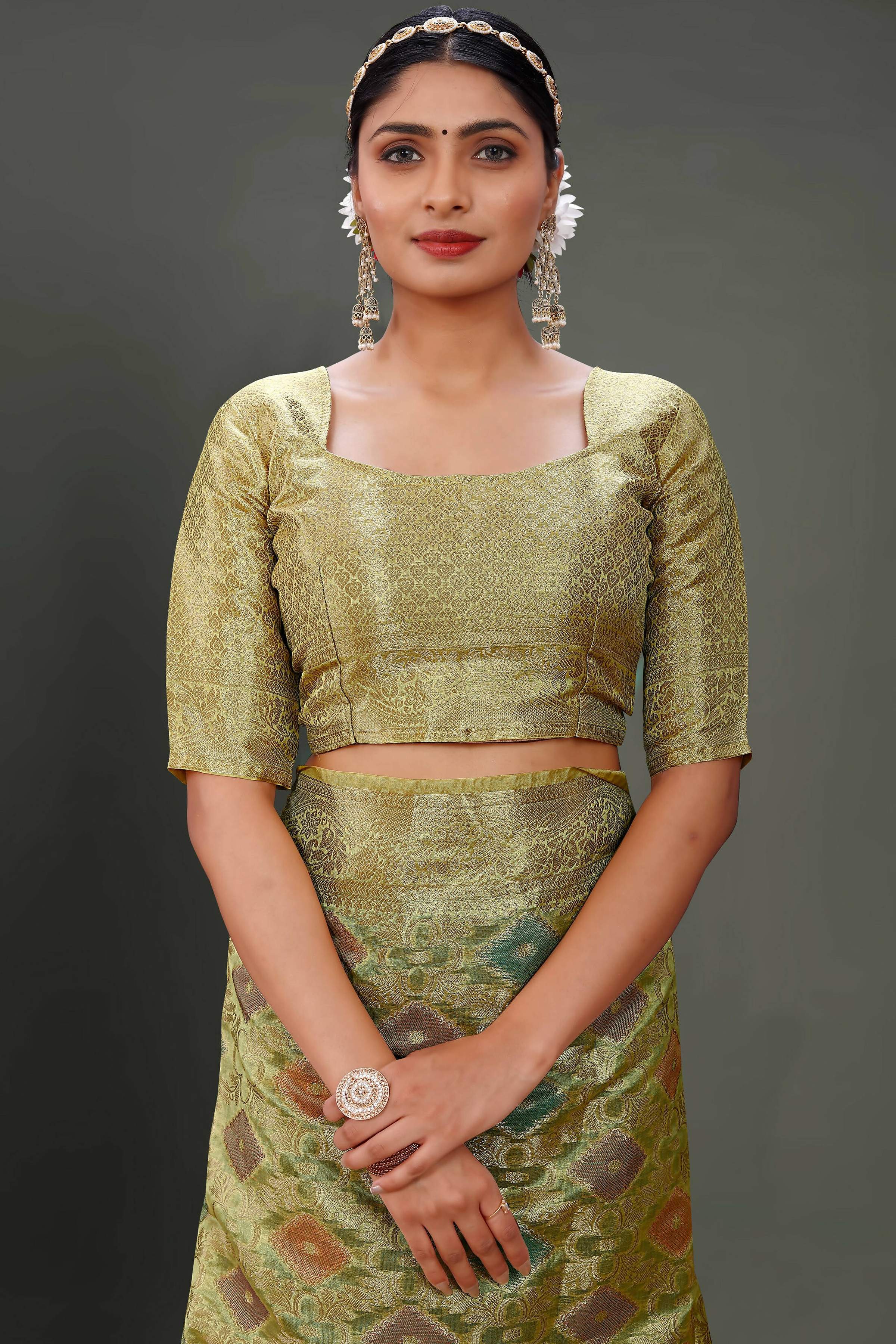 Olive Soft Organza Woven Design Saree With Unstitched Blouse Piece - Zaara