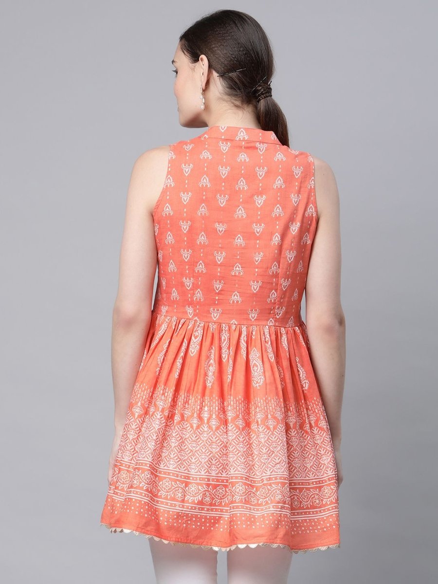 Ahalyaa Women Orange Pure Cotton Porcian Print Tunic