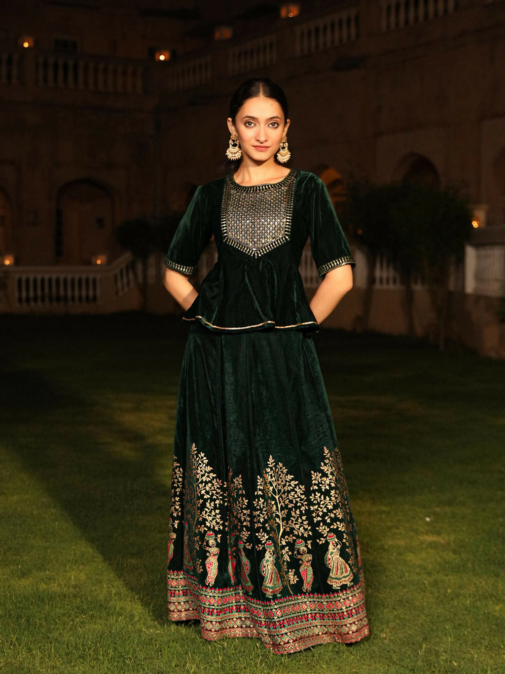 Juniper Women's The Sunehri Green Zari Embroidered Velvet Top & Skirt Set With Sequins & Lace