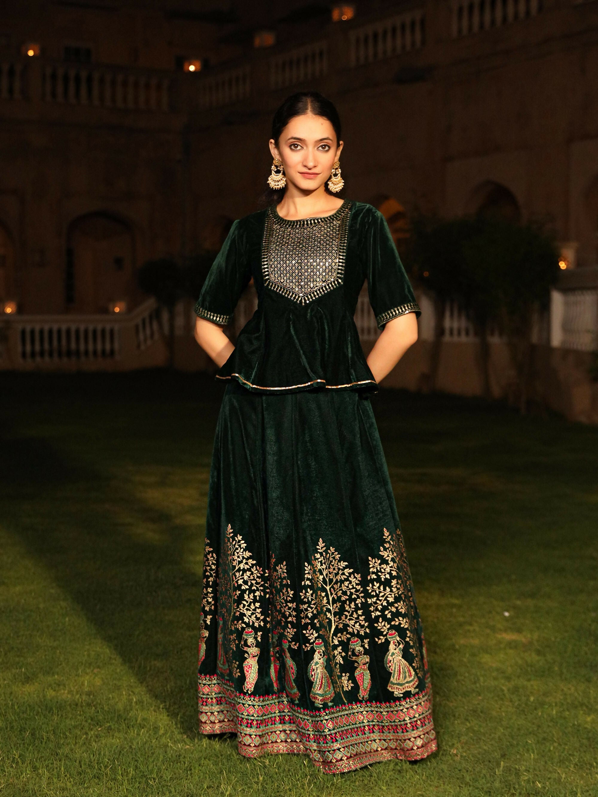 Juniper Women's The Sunehri Green Zari Embroidered Velvet Top & Skirt Set With Sequins & Lace