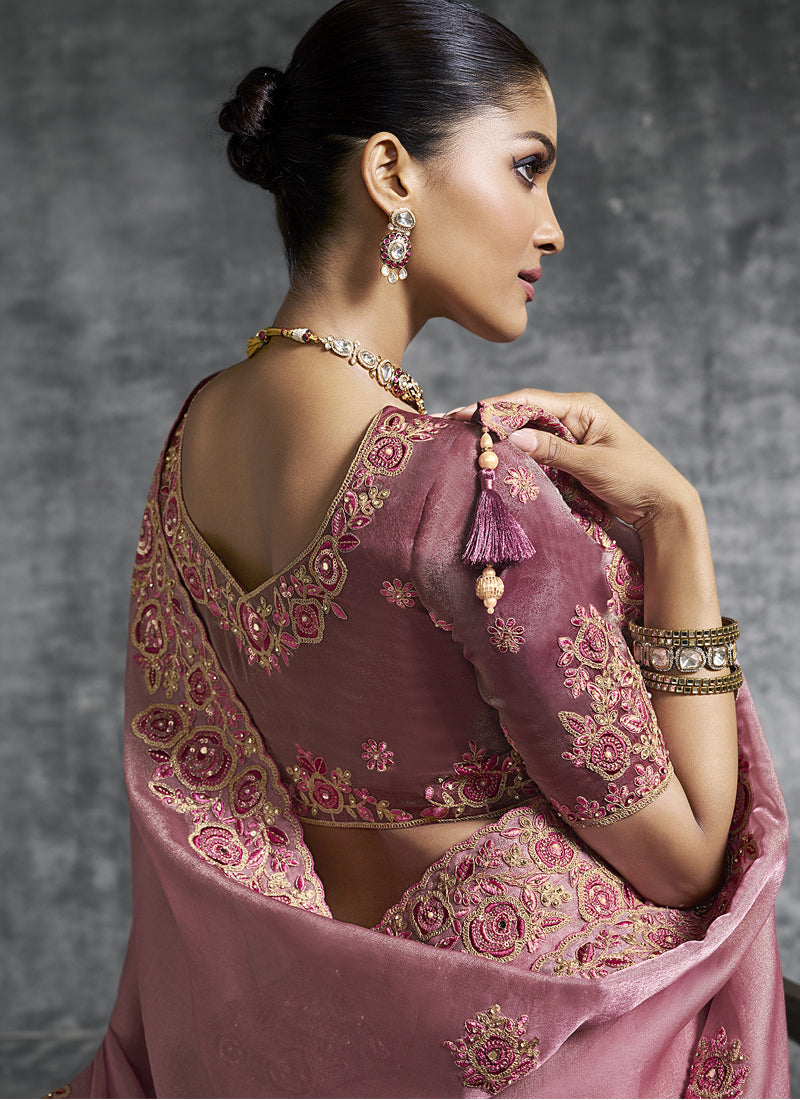 Vegaa Fashion Pink Art Silk Embroidered Wedding Wear Saree
