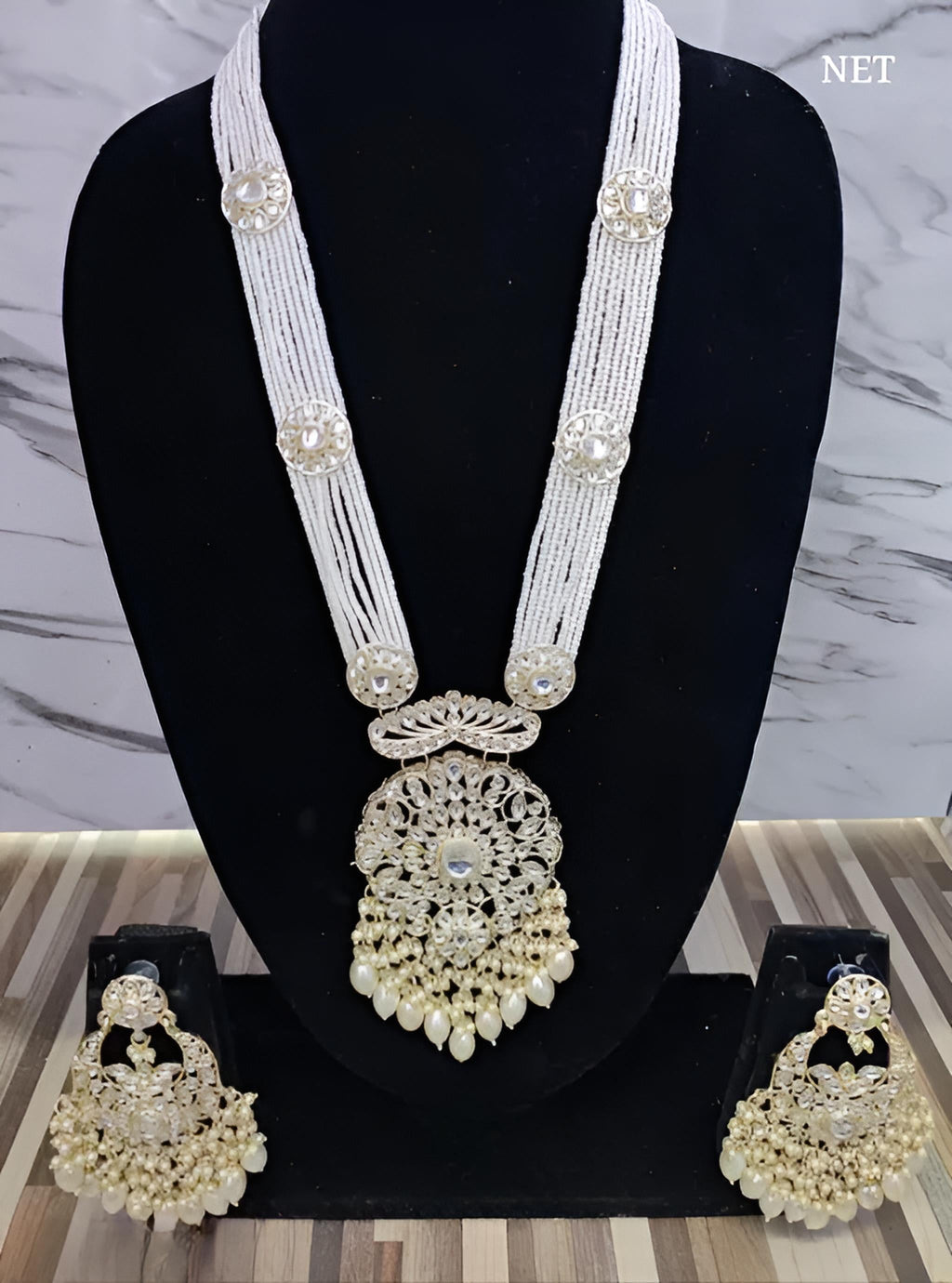 Jewel City Elegant Multi-Layered Pearl Necklace Set with Intricate Silver Pendant and Earrings