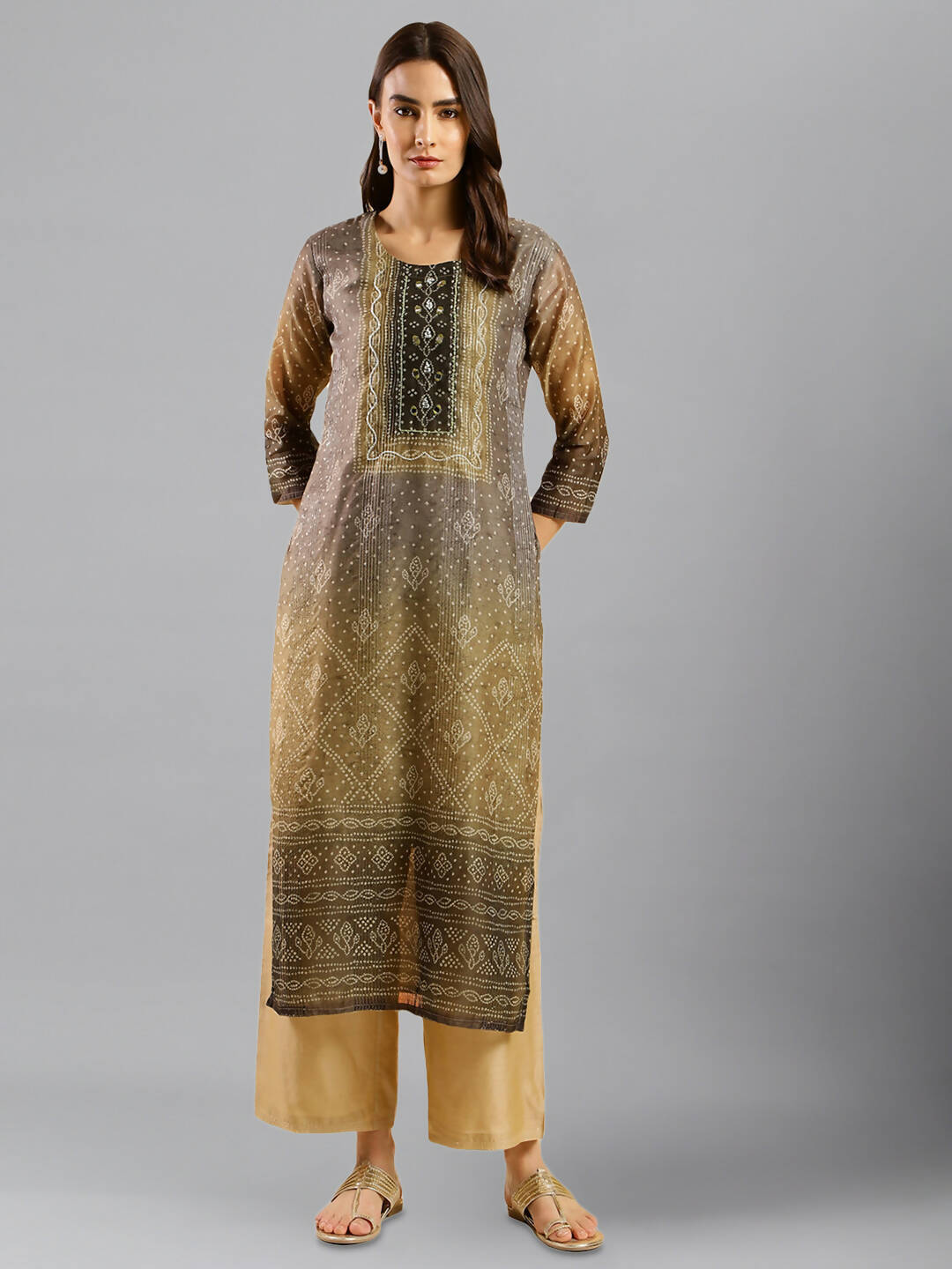 Brown Chinon Digital Printed With Hand Work Kurta - Himanshi