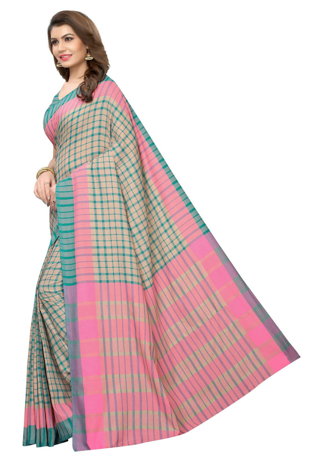 Vamika Cream Cotton Silk Weaving Saree (Terra Checks Rama)