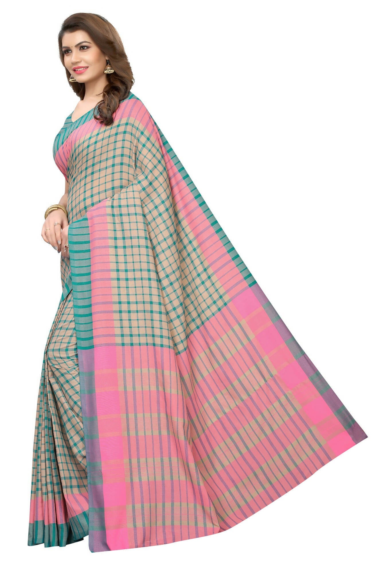 Vamika Cream Cotton Silk Weaving Saree (Terra Checks Rama)
