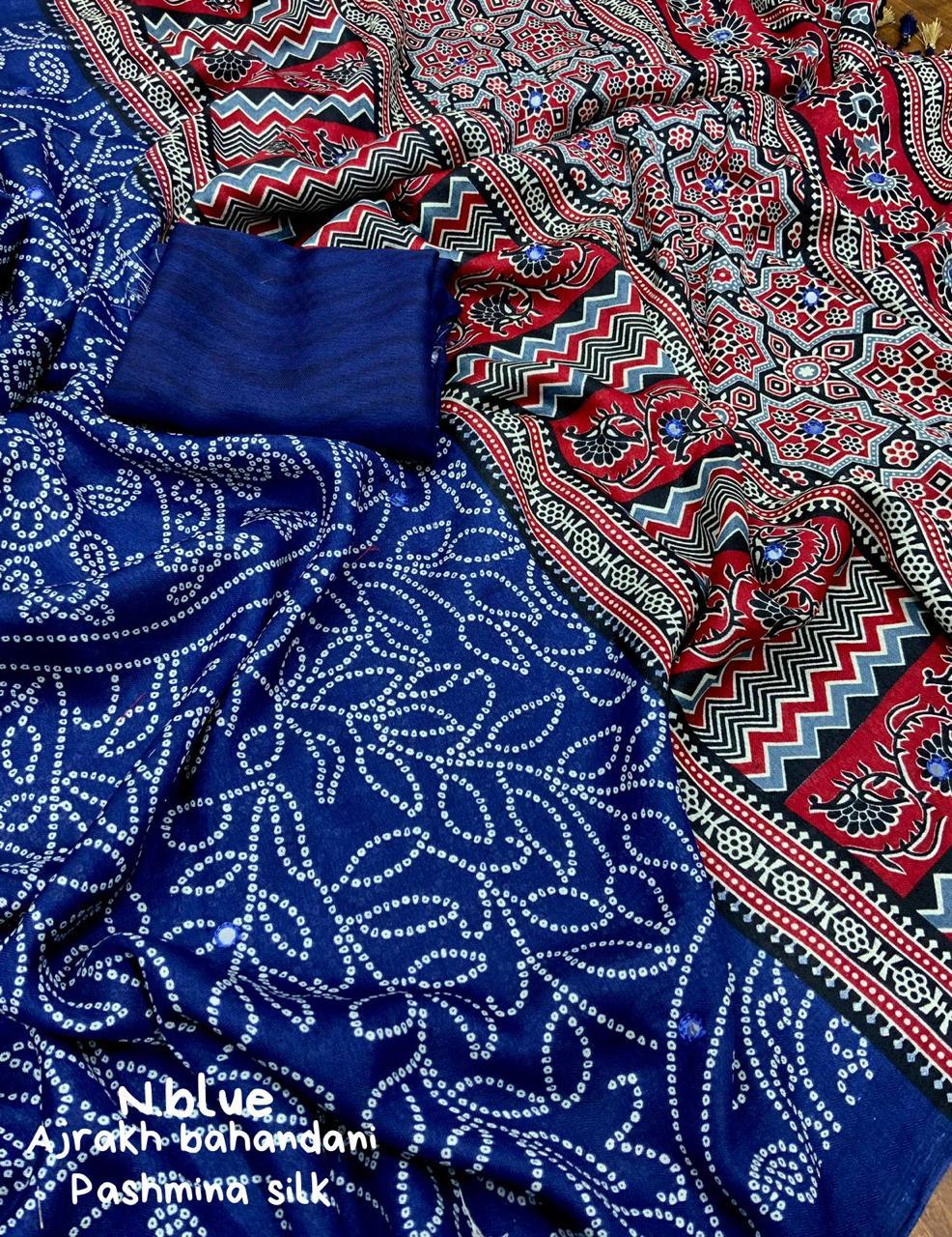 Blue Silk Blend Ajrak Saree with Unstitched Blouse - A2M