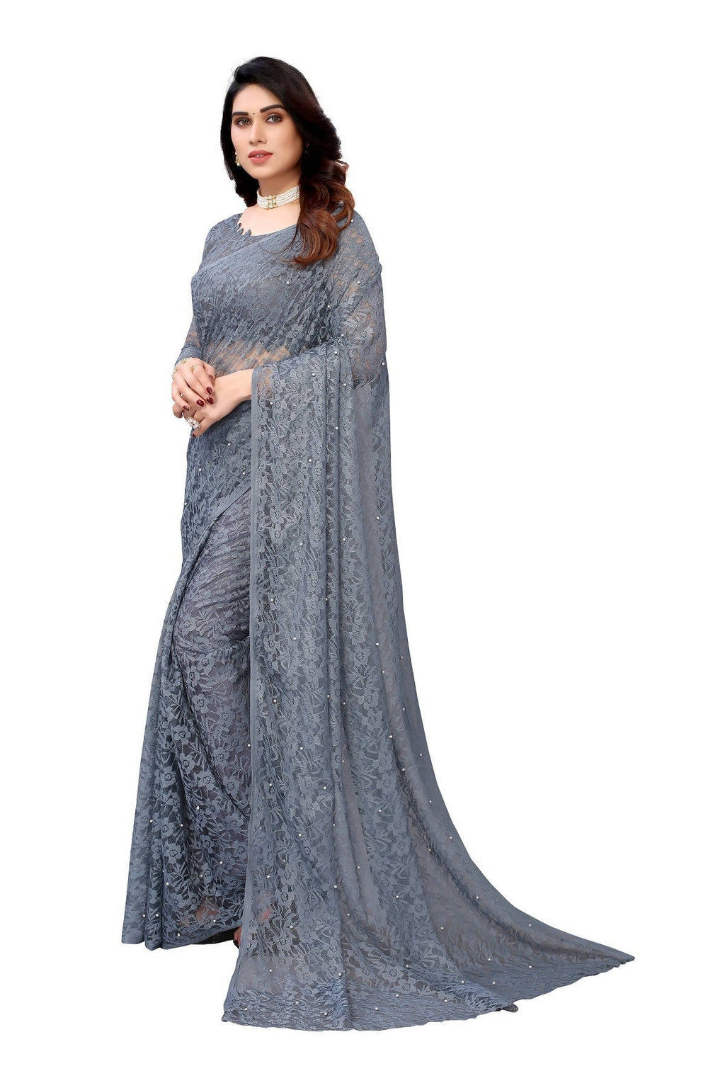 Vamika Ethnic Fire Grey Pearls Net Saree