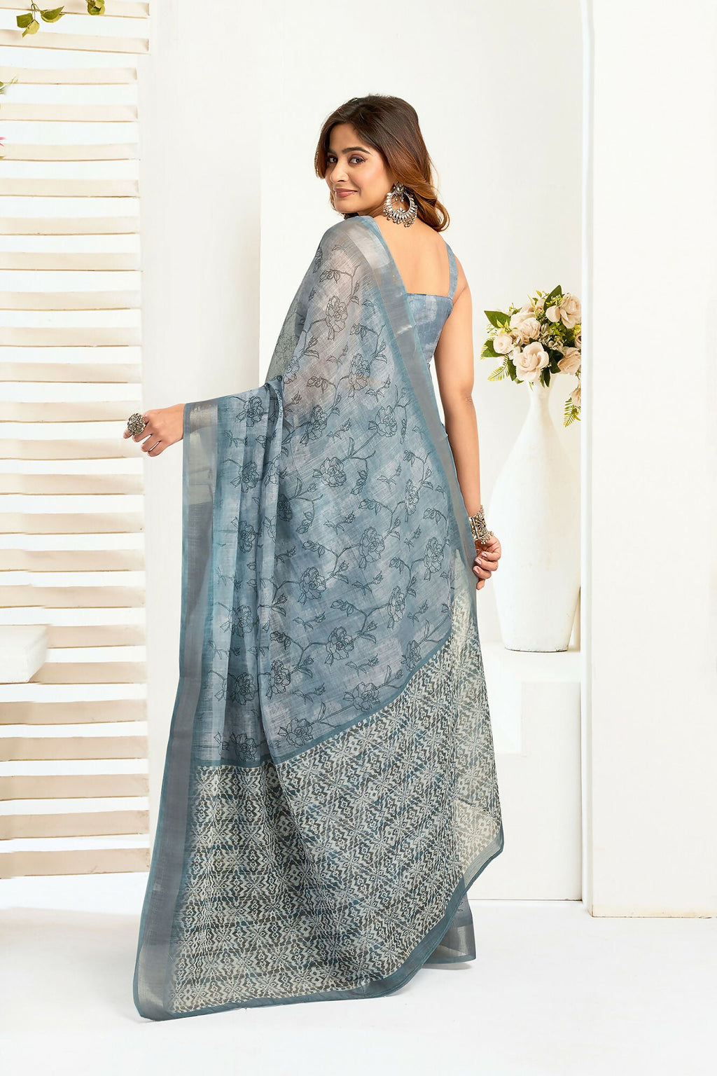 Vastranavya Sea Blue Digital Printed Linen Ready To Wear Designer Saree with Unstitched Blouse