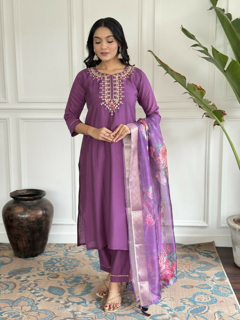 Purple Viscose chanderi Stitched Suit With Dupatta - Tanisha