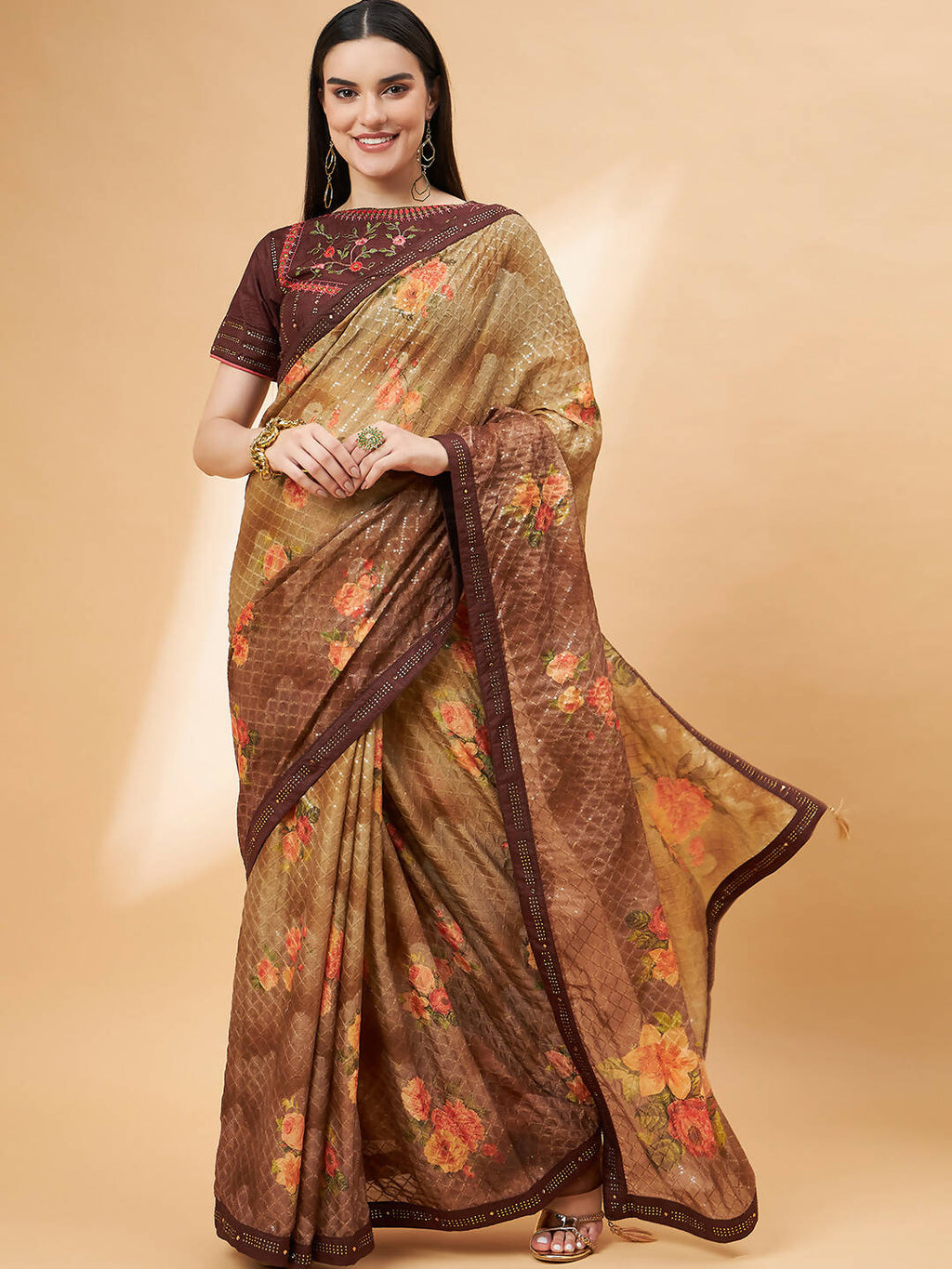 Beige Georgette Resham And Sequins Embroidery, Mukaish Studded Work Saree - Norita Hit Design