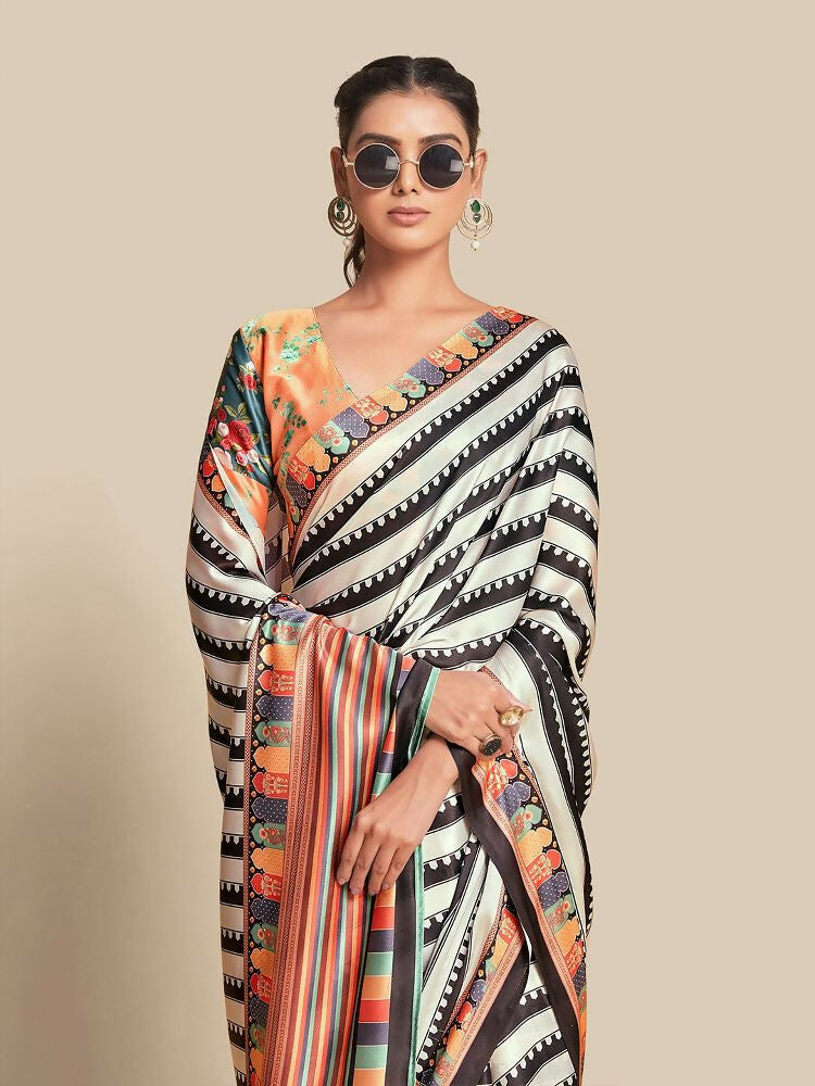 Black Bright Moss Designer Digital Printed Party Wear Saree - Be Verly