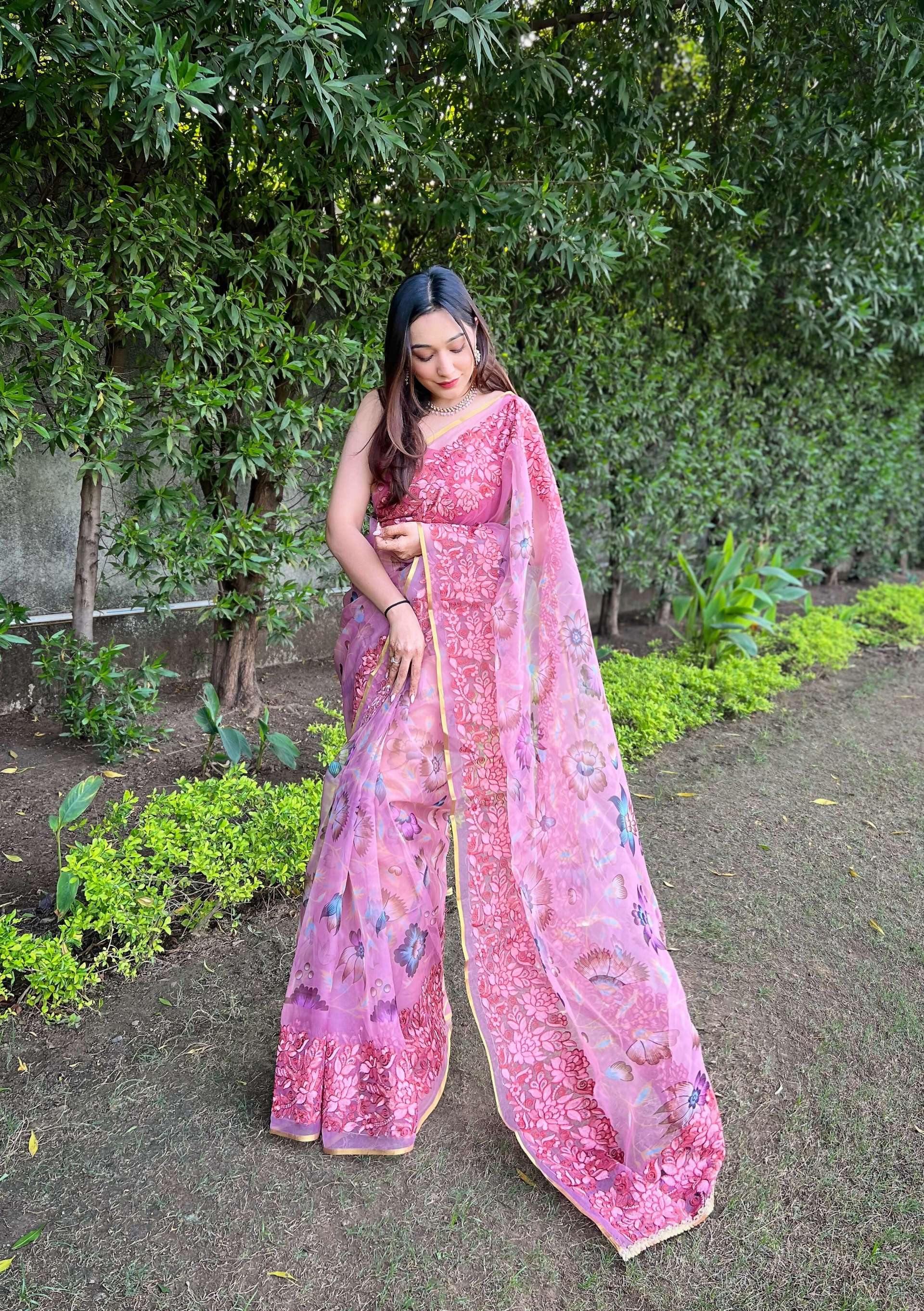 Vamsee Bavari Peach Organza Saree