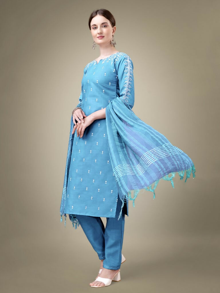 Jyoti Fashion Women's Sky Blue Cotton Blend Embroidery & Sequence work Kurta with Trouser & Dupatta