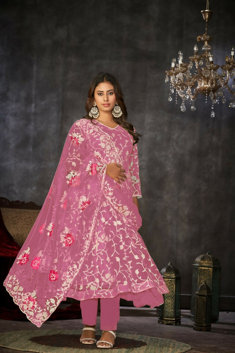 Jyoti Fashion Women's Pink Net Embroidered Anarkali Kurta Pant Set With Dupatta