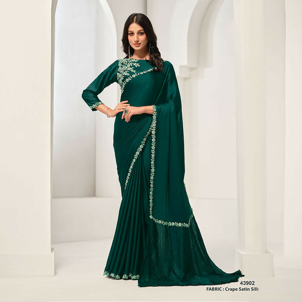 Green Crepe Satin Silk Handwork Saree With Unstitched Blouse - Norita Saanjh