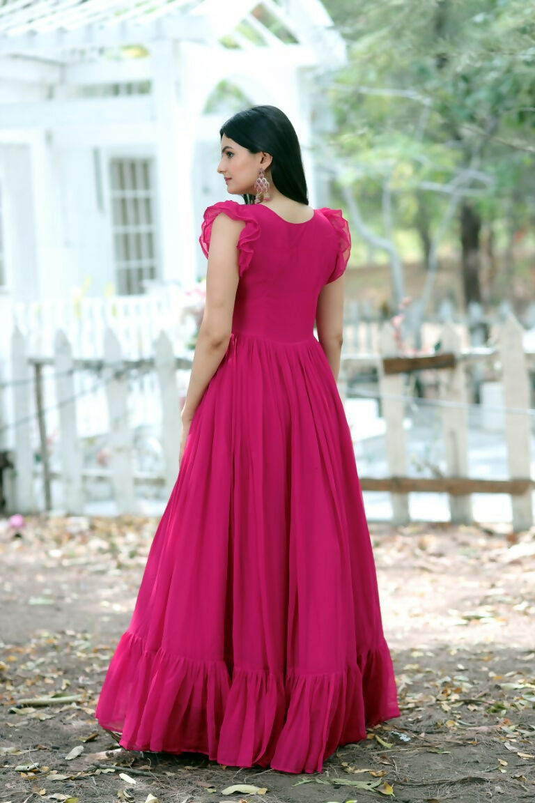 Jyoti Fashion Women's Rani Pink Sequins Thread Embroidery Faux Blooming Anarkali Dress