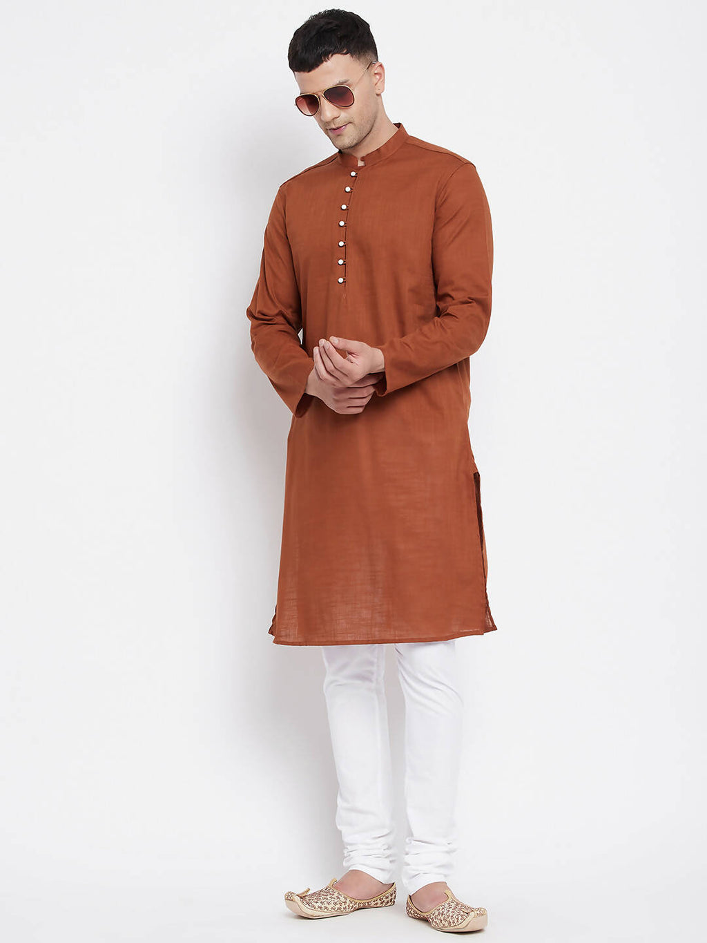Even Apparels Brown Color Pure Cotton Men's Kurta With Band Collar