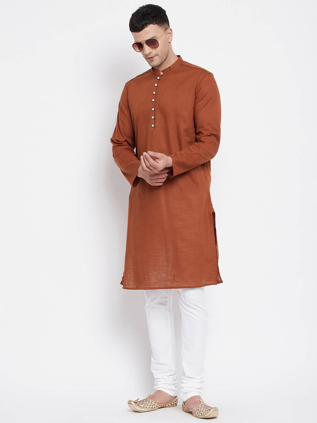 Even Apparels Brown Color Pure Cotton Men's Kurta With Band Collar
