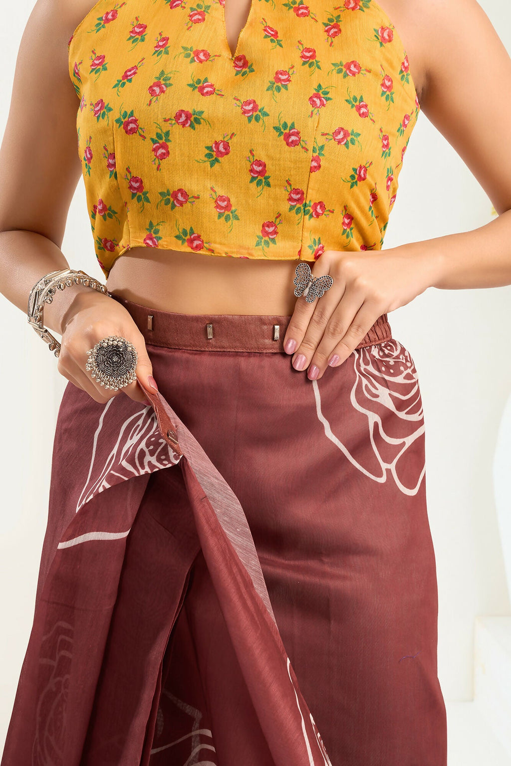 Vastranavya Dark Brown Digital Printed Linen Ready To Wear Designer Saree with Unstitched Blouse