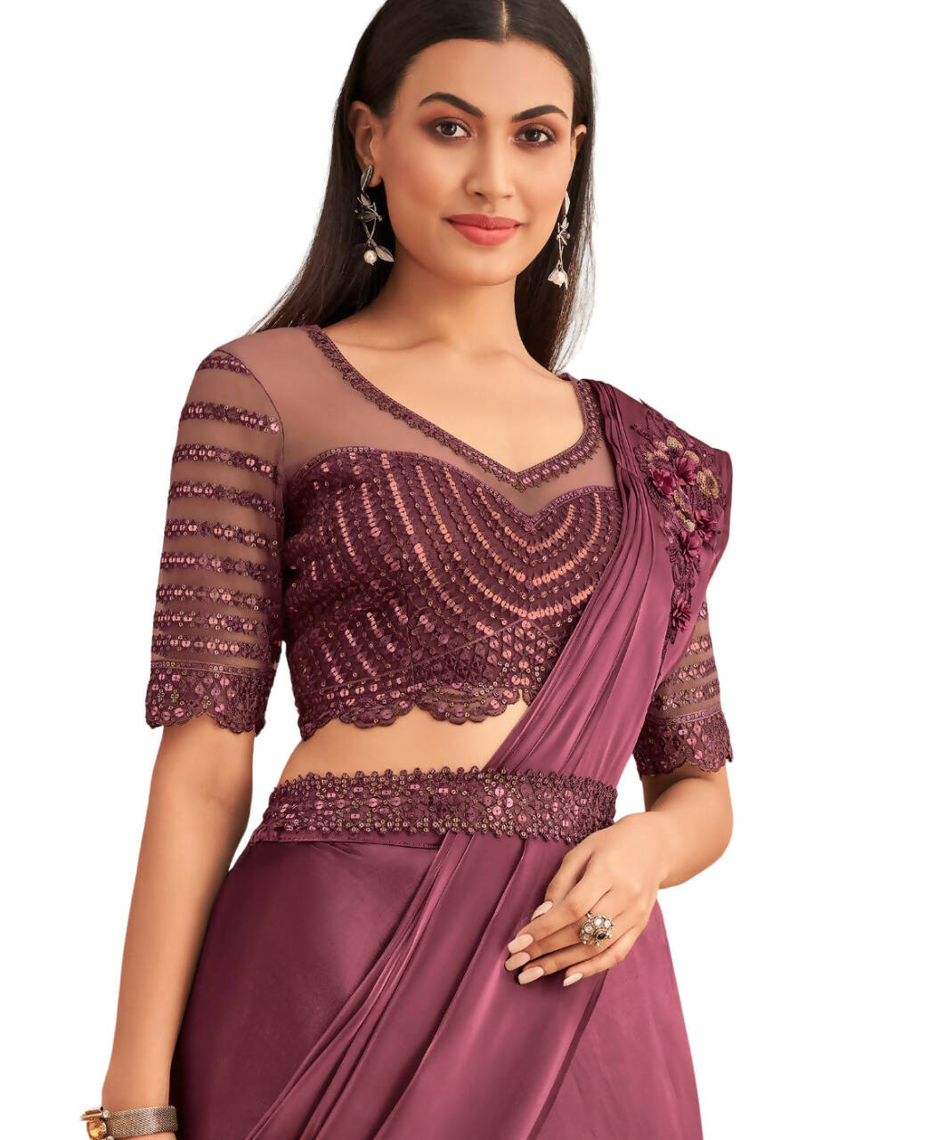 Wine Satin Embroidered Ready To Wear Saree With Unstitched Blouse Piece - Nandika