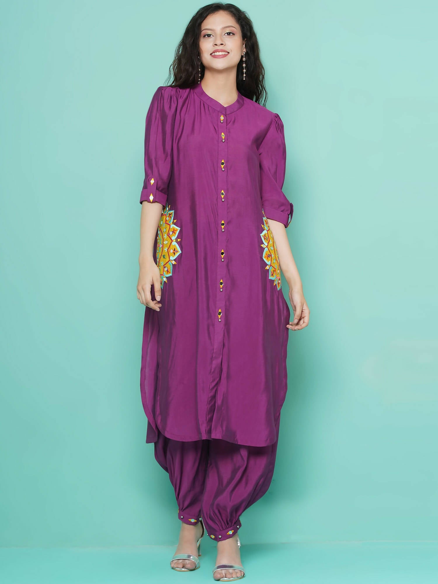 Women Republic Purple Art Silk Embroidered Kurta with Afghani Salwar