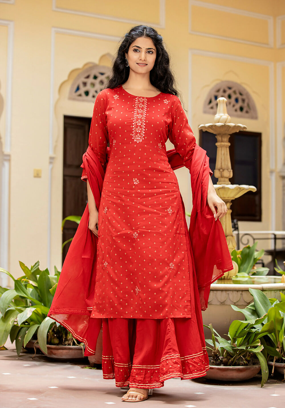 Kaajh Women's Red Gold Printed Cotton Kurta Sharara With Dupatta Set