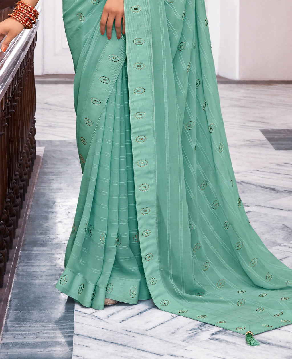 Sea Green Georgette Swaroski Work Saree With Unstitched Blouse Piece - Juhi