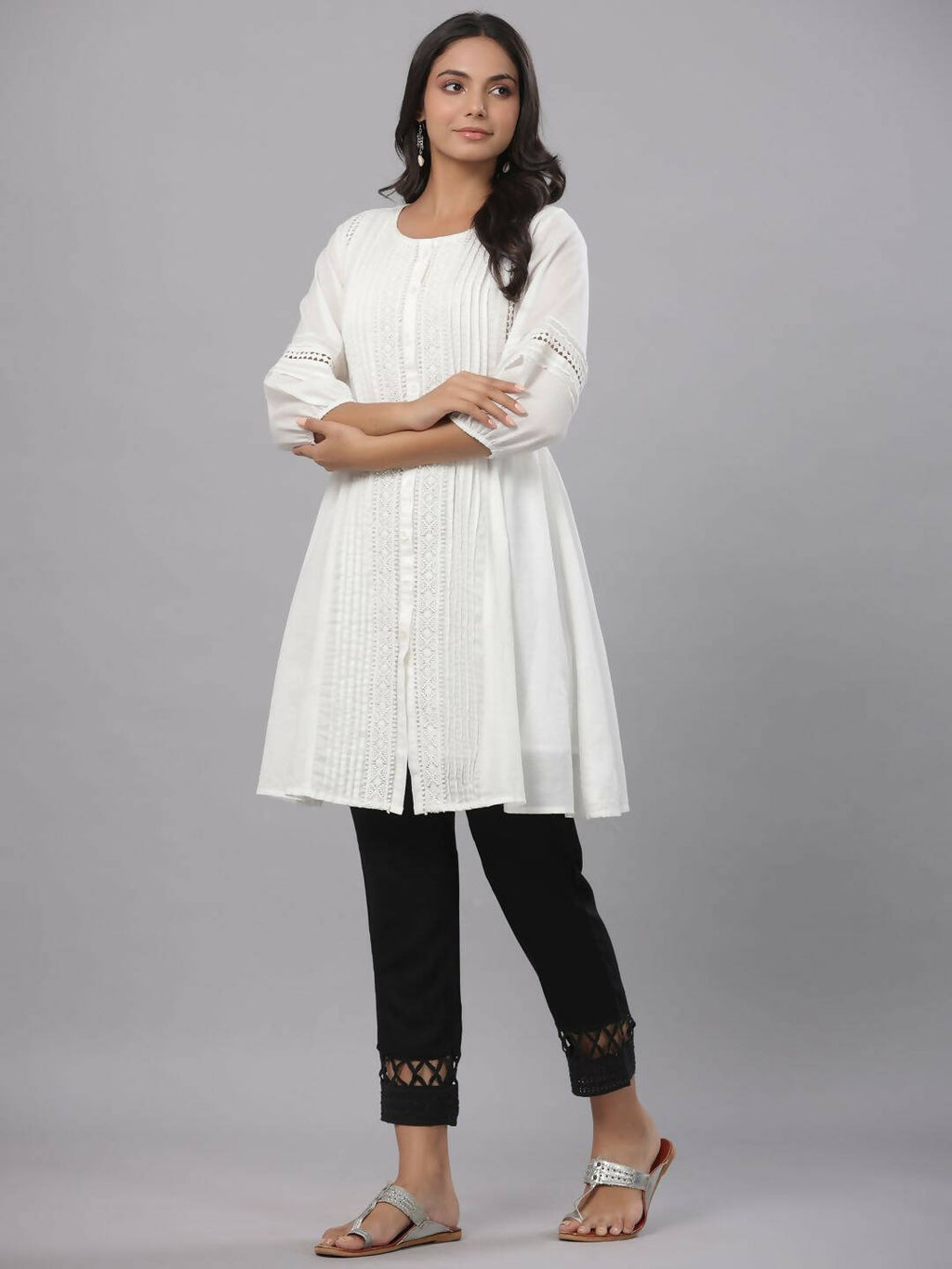 Juniper Women's White Cotton Silk Solid A-Line Kurta