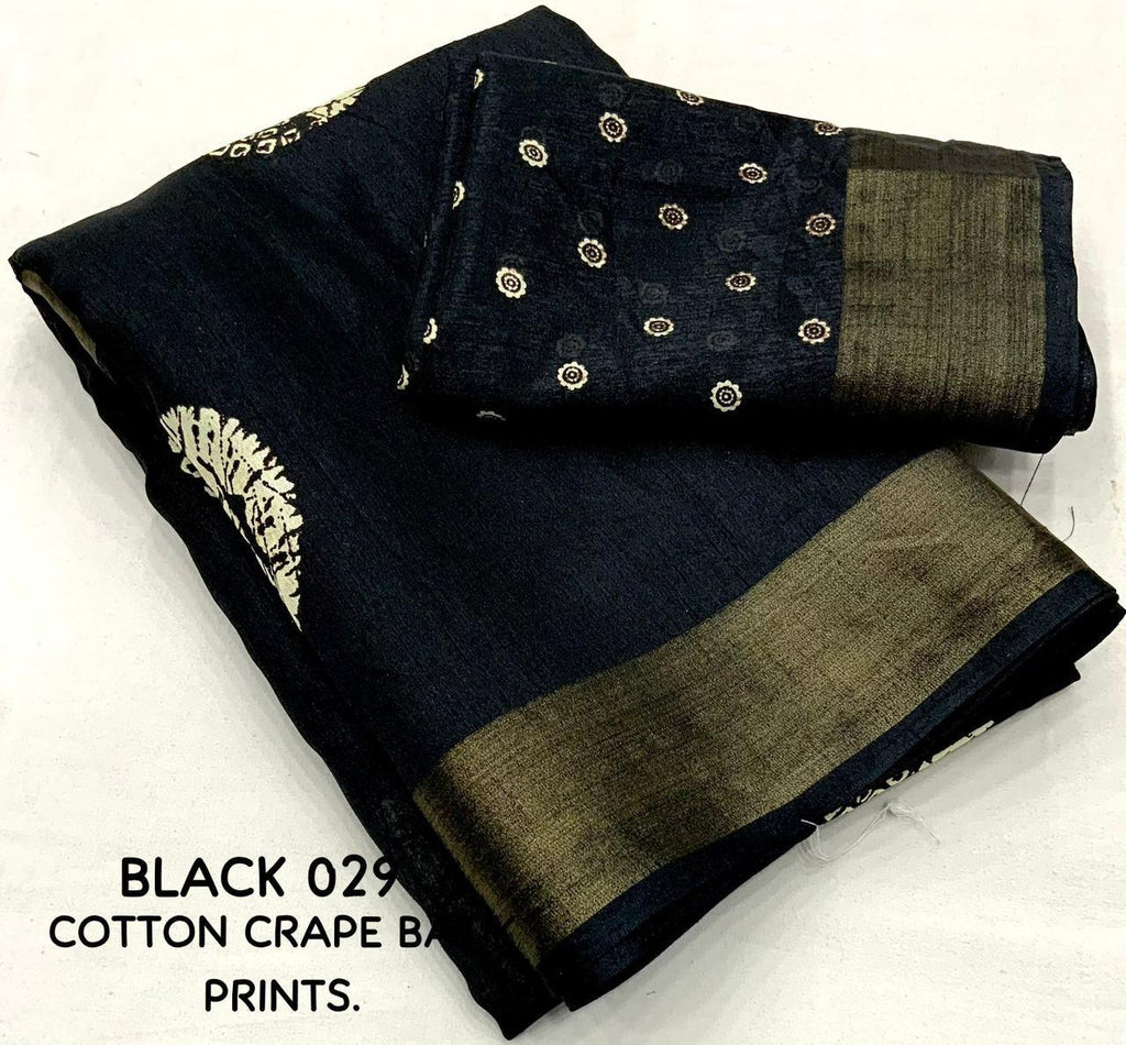 Black Cotton Crepe Batik Print Saree with Unstitched Blouse - Hiral Fashion