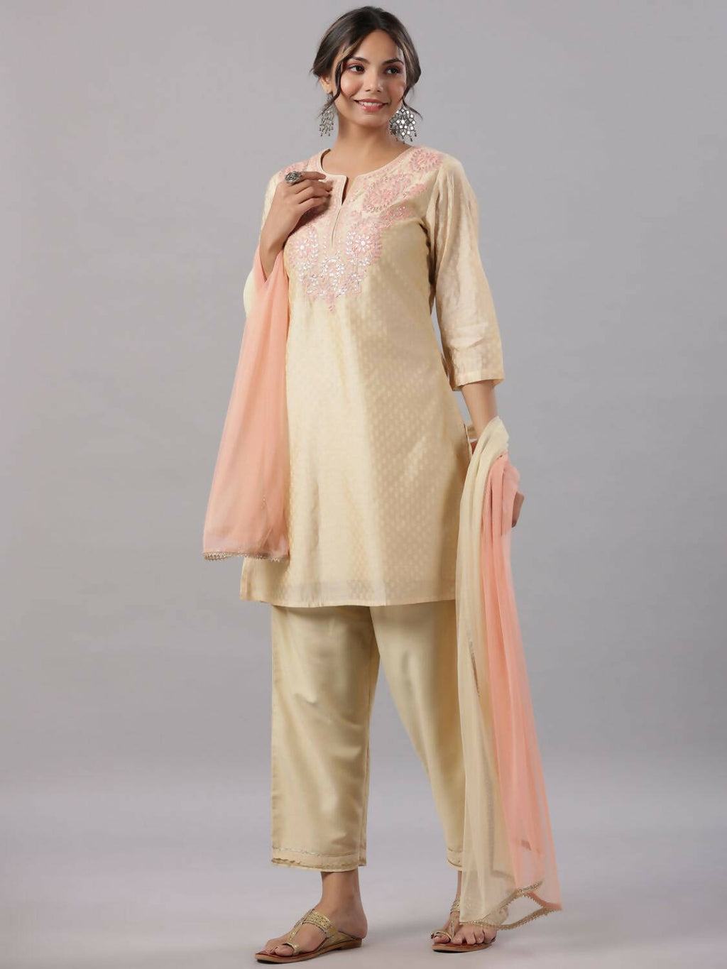 Juniper Women Gold Modal Chanderi Embroidered Kurta, Pants and Dupatta Set