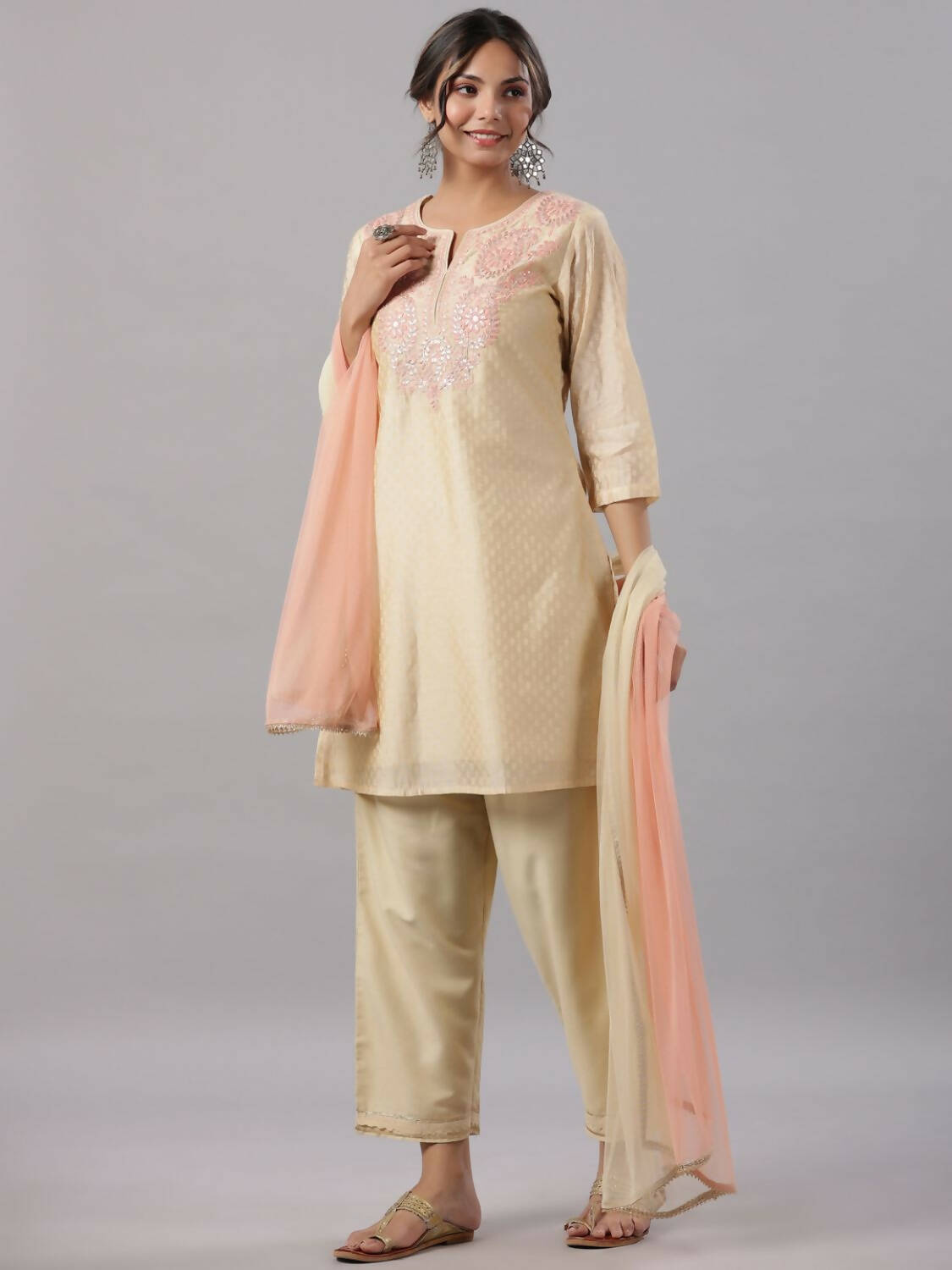 Juniper Women Gold Modal Chanderi Embroidered Kurta, Pants and Dupatta Set