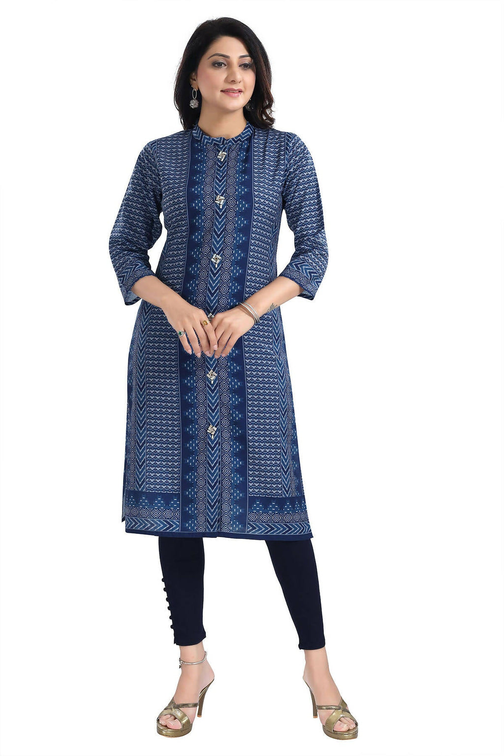 Snehal Creations Blue Designer Digital Print Cotton Slub Fabric Long Kurti Tunic