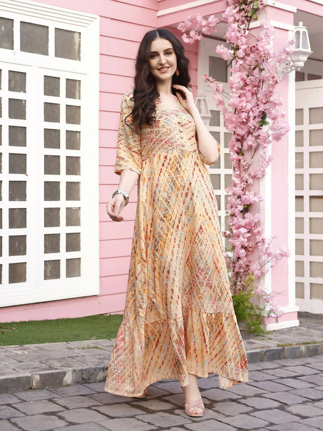 Peach Rayon Foil Printed Long Dress - Michan