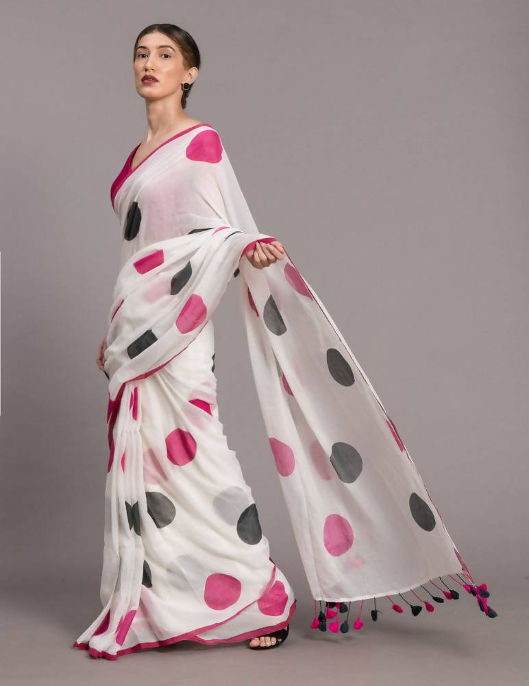 Suta White Pink Polka Dot Printed Pure Cotton Saree