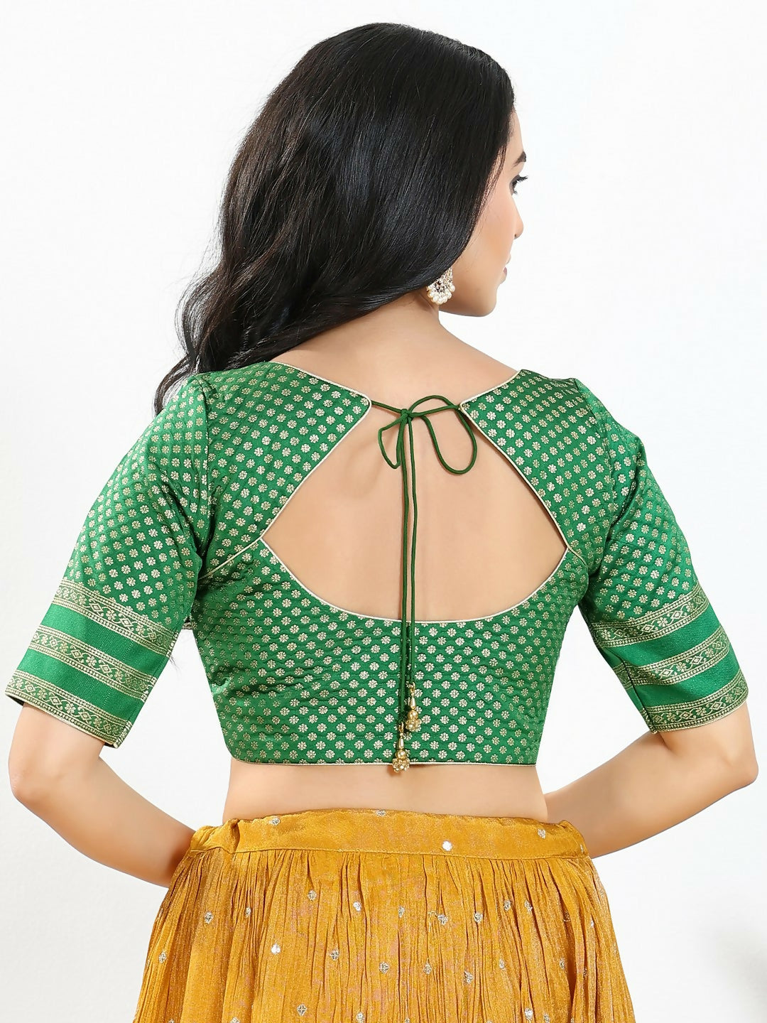 Joban Fashion Green Brocade Padded Blouse With Round Neck Elbow Sleeves