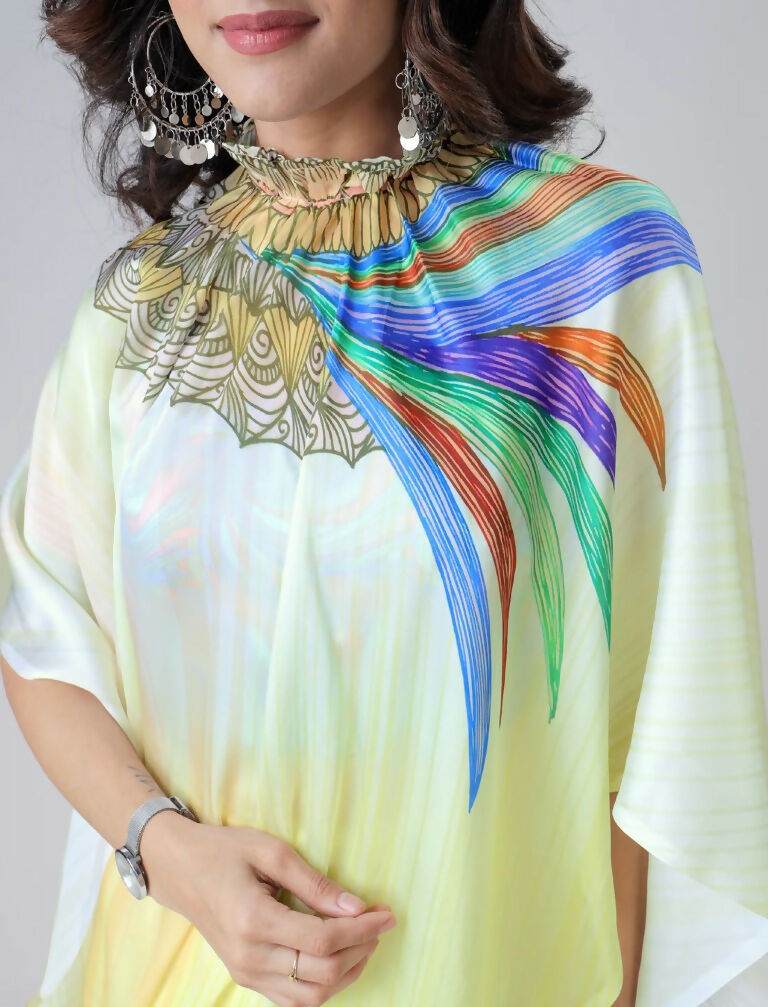 Vastranavya Ombre Yellow Multi-Color Leaves Mandalaa Print Freehand Ready to Wear Saree