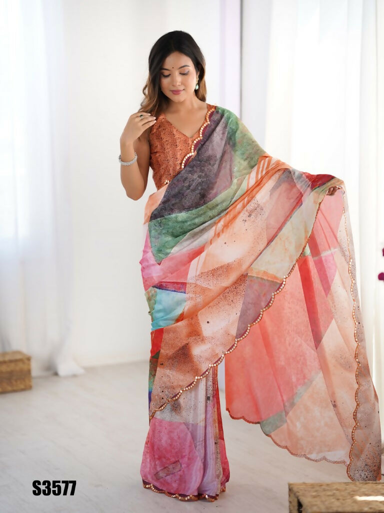 Multi Chinon Designer Digital Printed,Mirror Cut Work Saree - Sohni