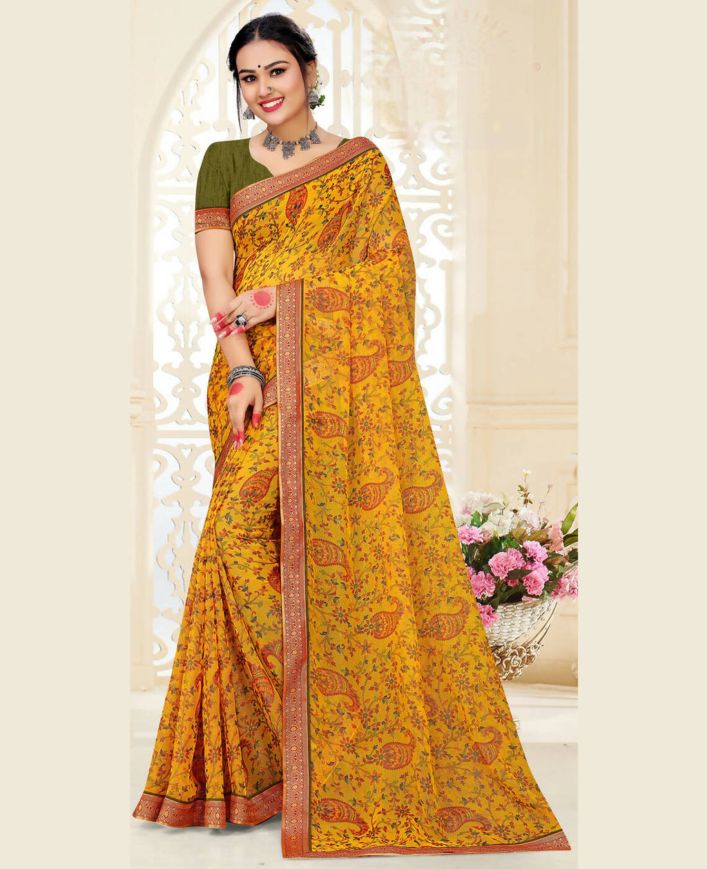 Yellow Chiffon Brasso Printed Saree With Unstitched Blouse Piece - Jyoti